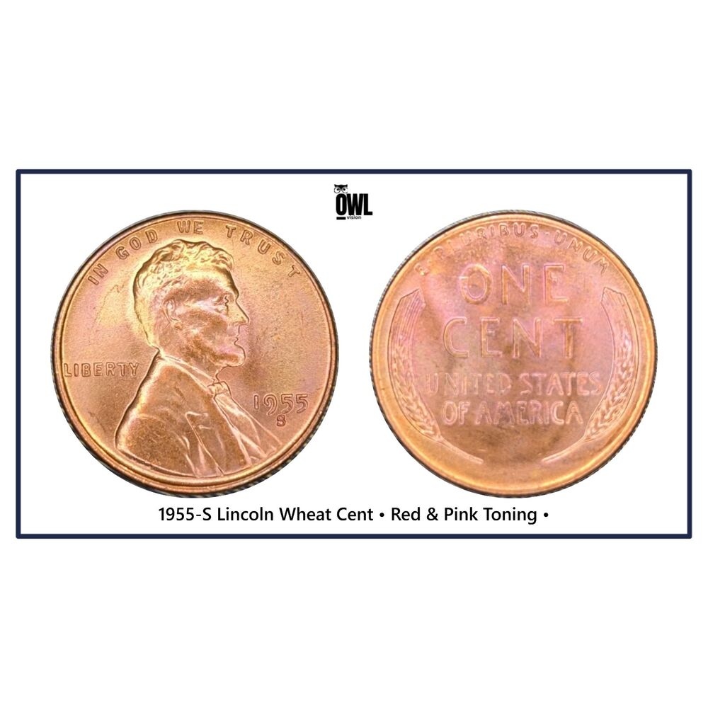 1955‑S Lincoln Wheat Cent • Red & Pink Toning • San Francisco Mint